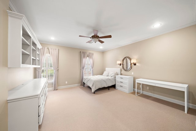 1229 Ripple Creek Dr, Houston, TX 77057 - bedroom with light carpet, recessed lighting, crown molding, and a ceiling fan