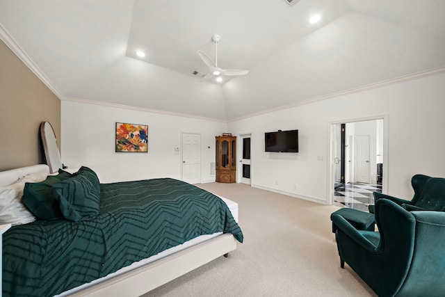 1229 Ripple Creek Dr, Houston, TX 77057 - bedroom with light carpet, crown molding, lofted ceiling, recessed lighting, and ceiling fan