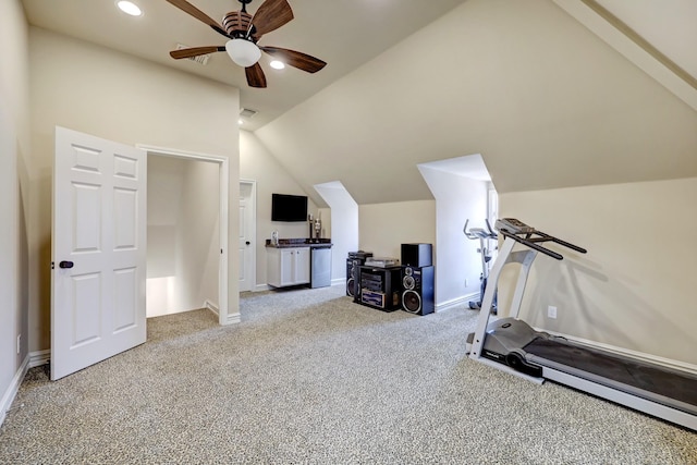 1229 Ripple Creek Dr, Houston, TX 77057 - exercise area with a ceiling fan, vaulted ceiling, carpet floors, and recessed lighting