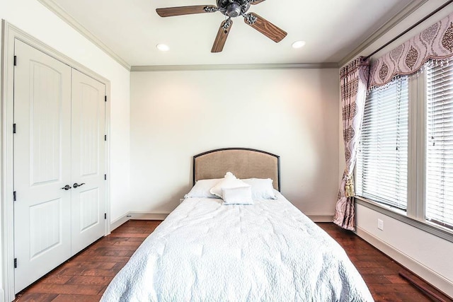 12349 Tramonto Dr, Conroe, TX 77304 - bedroom featuring multiple windows, ornamental molding, dark wood-style floors, recessed lighting, and ceiling fan