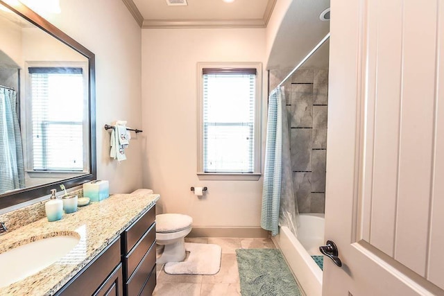 12349 Tramonto Dr, Conroe, TX 77304 - full bath with vanity, ornamental molding, healthy amount of natural light, shower / bath combo with shower curtain, and tile patterned floors