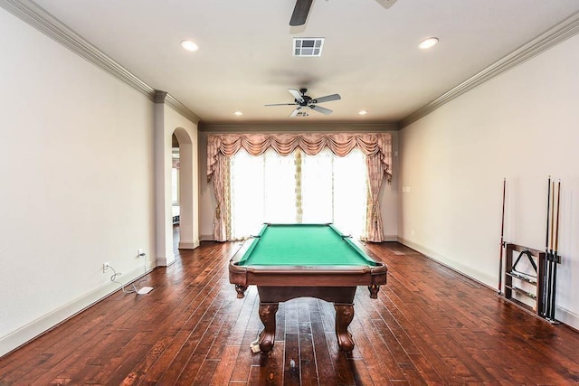 12349 Tramonto Dr, Conroe, TX 77304 - recreation room featuring a ceiling fan, arched walkways, ornamental molding, hardwood / wood-style floors, and pool table