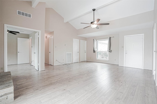 1103 W Brompton Dr, Pearland, TX 77584 - unfurnished living room with a ceiling fan, high vaulted ceiling, light wood-style flooring, and beamed ceiling