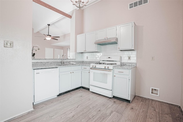 1103 W Brompton Dr, Pearland, TX 77584 - kitchen featuring white appliances, beamed ceiling, tasteful backsplash, light wood-style flooring, and high vaulted ceiling