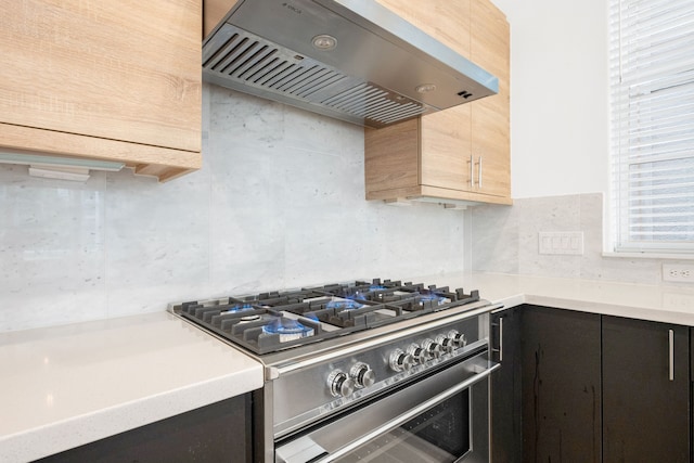 614 Delmar St, Houston, TX 77023 - kitchen with range hood, high end stainless steel range, light countertops, tasteful backsplash, and dark cabinetry