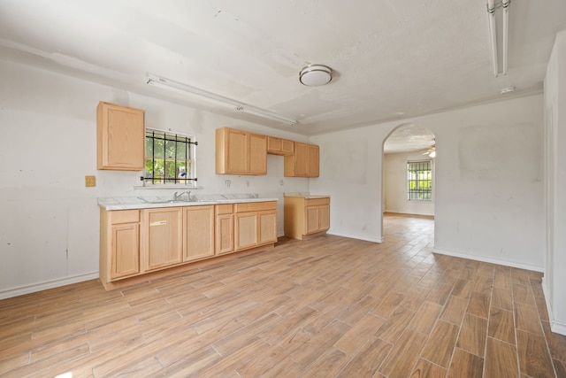 3822 Wipprecht St, Houston, TX 77026 - kitchen featuring light brown cabinetry, light wood finished floors, and plenty of natural light