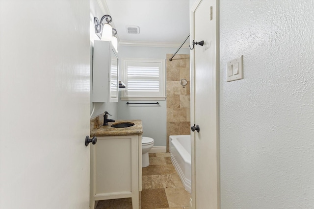 1710 Gardenia Dr, Houston, TX 77018 - bathroom with ornamental molding, vanity, stone tile flooring, and  shower combination