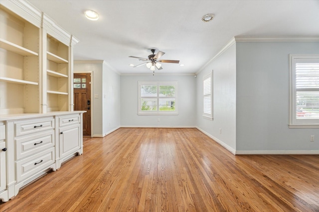 1710 Gardenia Dr, Houston, TX 77018 - unfurnished living room with crown molding, a ceiling fan, light wood-style floors, and recessed lighting