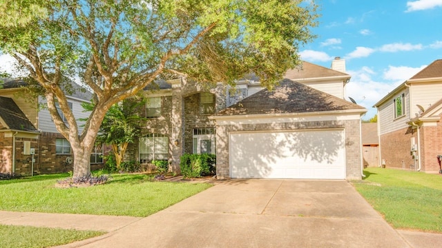 2917 Veva Dr, Pearland, TX 77584 - traditional home with concrete driveway, a front lawn, a chimney, brick siding, and an attached garage