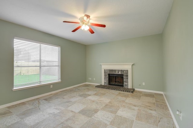 2917 Veva Dr, Pearland, TX 77584 - unfurnished living room with a ceiling fan and a fireplace