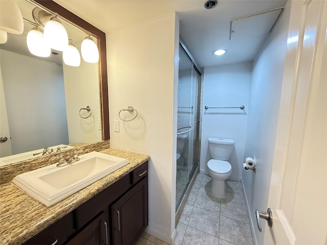 3525 Sage Rd Unit 1204, Houston, TX 77056 - bathroom with vanity, a shower stall, tile patterned floors, and recessed lighting