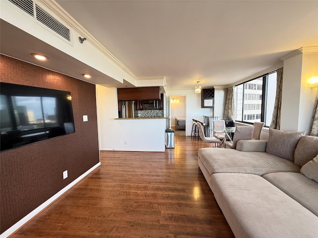 3525 Sage Rd Unit 1204, Houston, TX 77056 - living room featuring ornamental molding and dark wood finished floors