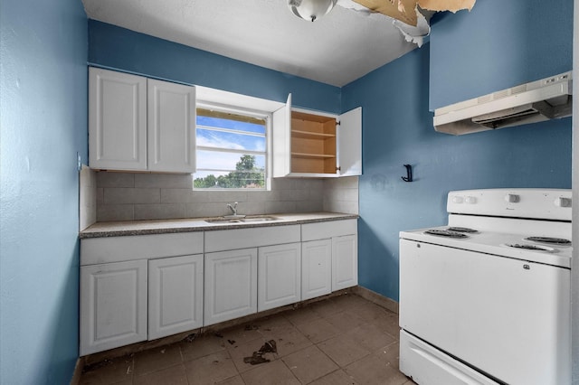 14504 Corpus Christi St Unit 4, Houston, TX 77015 - kitchen featuring white electric range, under cabinet range hood, tasteful backsplash, white cabinetry, and light countertops