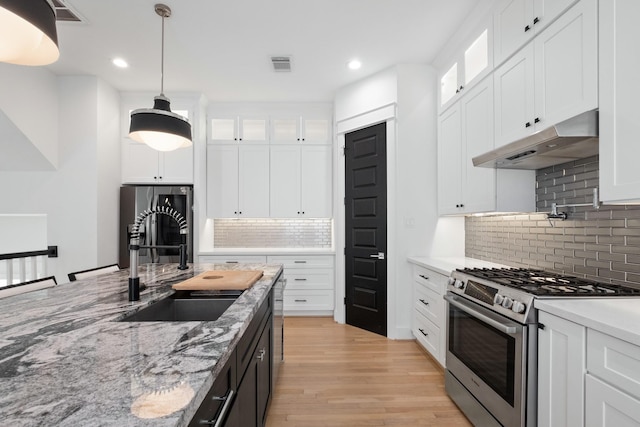 1405 Indiana St Unit B, Houston, TX 77006 - kitchen with stainless steel appliances, under cabinet range hood, tasteful backsplash, light wood-type flooring, and glass insert cabinets