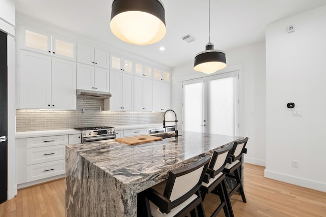1405 Indiana St Unit B, Houston, TX 77006 - kitchen with gas range, decorative backsplash, light wood-style floors, recessed lighting, and a kitchen island with sink