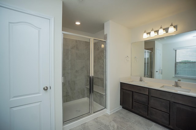 4615 Sabine Creek Way, Katy, TX 77449 - full bathroom featuring a stall shower, double vanity, tile patterned floors, and recessed lighting