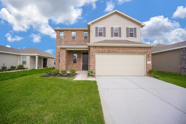 4615 Sabine Creek Way, Katy, TX 77449 - traditional home with brick siding, an attached garage, driveway, and a front yard