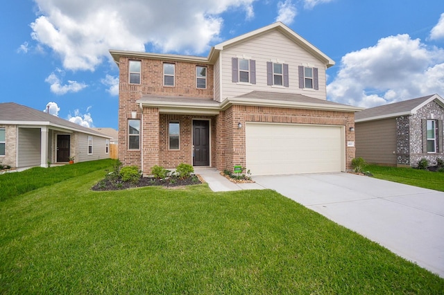 4615 Sabine Creek Way, Katy, TX 77449 - traditional-style home with brick siding, a garage, driveway, and a front yard