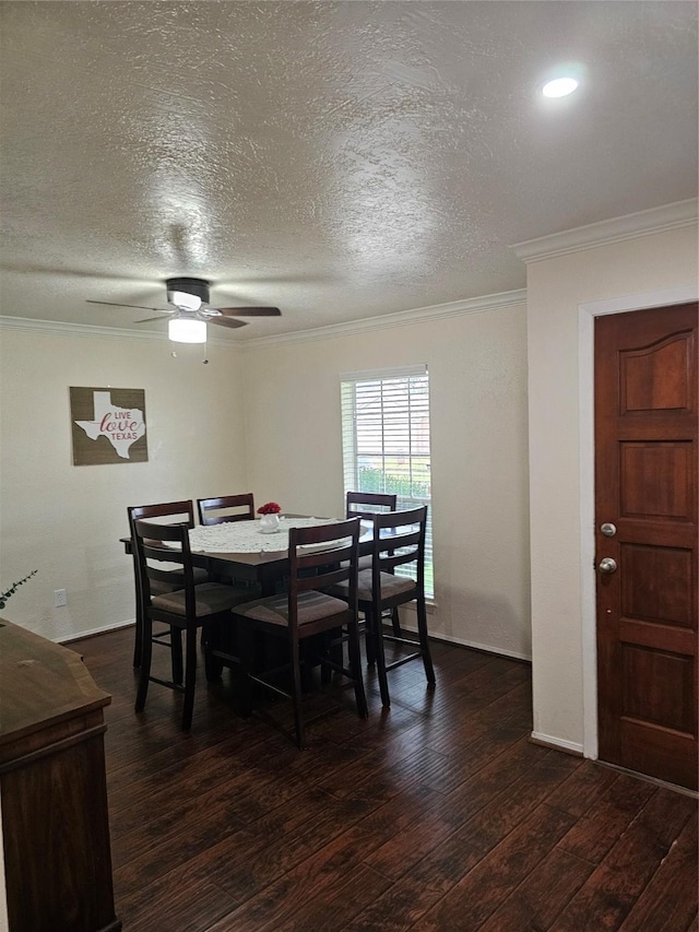 19423 Quiet Brook Dr, Houston, TX 77084 - dining space featuring crown molding, dark wood-style flooring, a ceiling fan, a textured ceiling, and recessed lighting