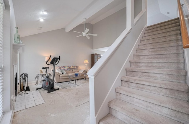 14334 Cypress Valley Dr, Cypress, TX 77429 - stairs with a ceiling fan and a fireplace