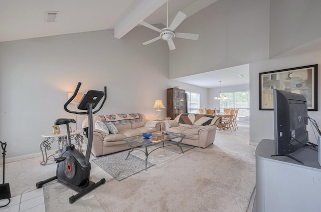 14334 Cypress Valley Dr, Cypress, TX 77429 - living area with ceiling fan, beamed ceiling, a chandelier, high vaulted ceiling, and carpet floors