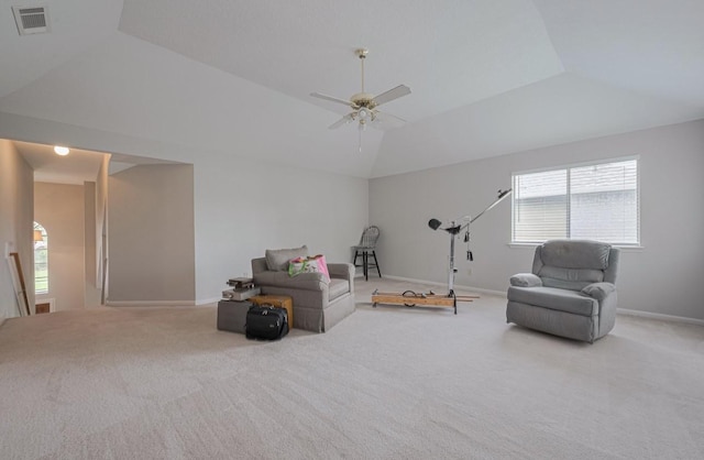 14334 Cypress Valley Dr, Cypress, TX 77429 - living area featuring carpet floors, a ceiling fan, vaulted ceiling, and healthy amount of natural light