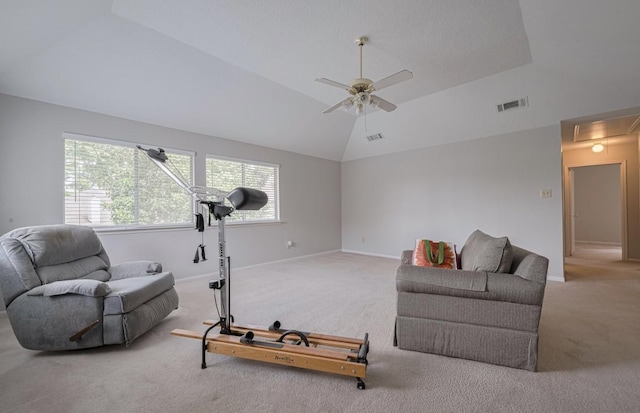 14334 Cypress Valley Dr, Cypress, TX 77429 - living room featuring carpet floors, attic access, ceiling fan, and lofted ceiling