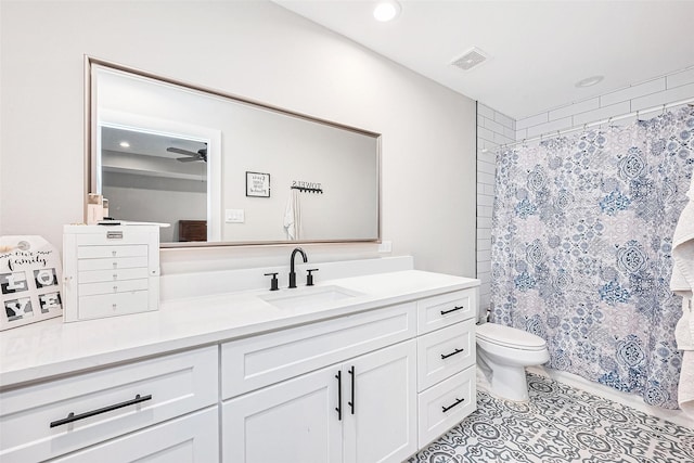 807 Ave J Pl, Conroe, TX 77301 - full bathroom with vanity, a shower with curtain, tile patterned flooring, recessed lighting, and ceiling fan