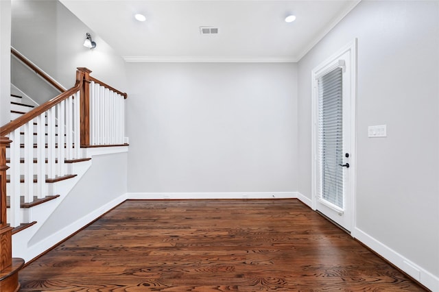 194 W Breezy Way, The Woodlands, TX 77380 - spare room featuring ornamental molding, stairway, recessed lighting, and dark wood finished floors