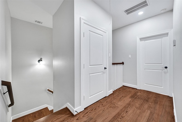 194 W Breezy Way, The Woodlands, TX 77380 - hall featuring an upstairs landing, wood finished floors, and recessed lighting