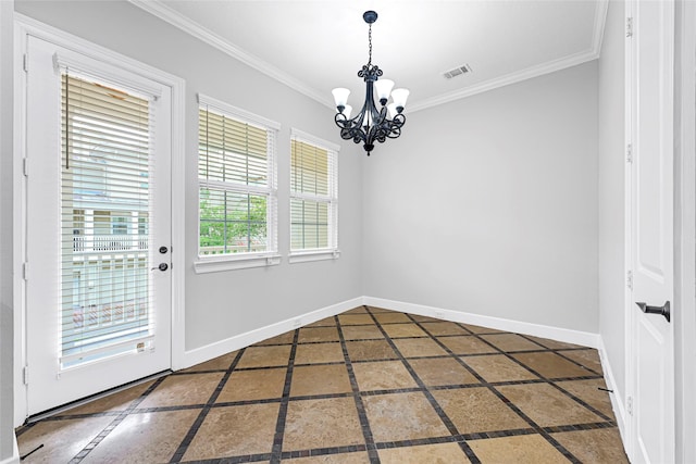 194 W Breezy Way, The Woodlands, TX 77380 - unfurnished dining area with inlaid floor details, a chandelier, and ornamental molding