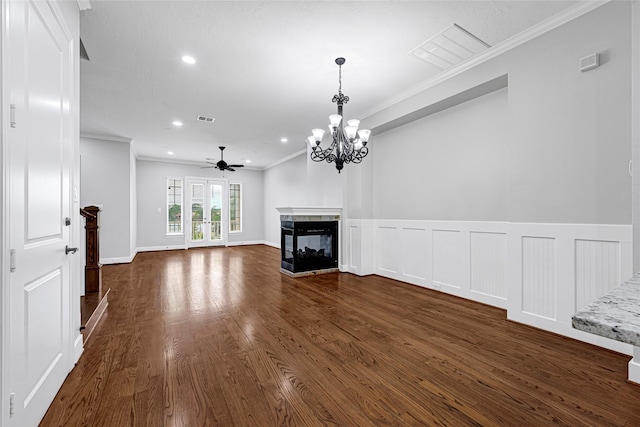 194 W Breezy Way, The Woodlands, TX 77380 - unfurnished living room featuring ornamental molding, a multi sided fireplace, dark wood-style floors, ceiling fan, and recessed lighting