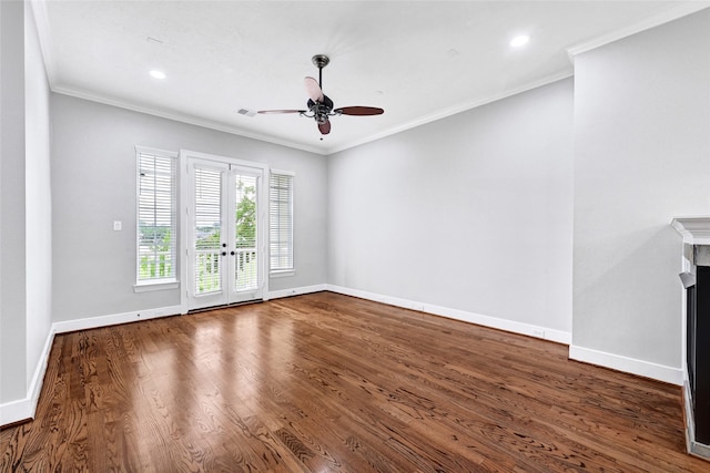 194 W Breezy Way, The Woodlands, TX 77380 - unfurnished living room featuring ceiling fan, ornamental molding, wood finished floors, and recessed lighting