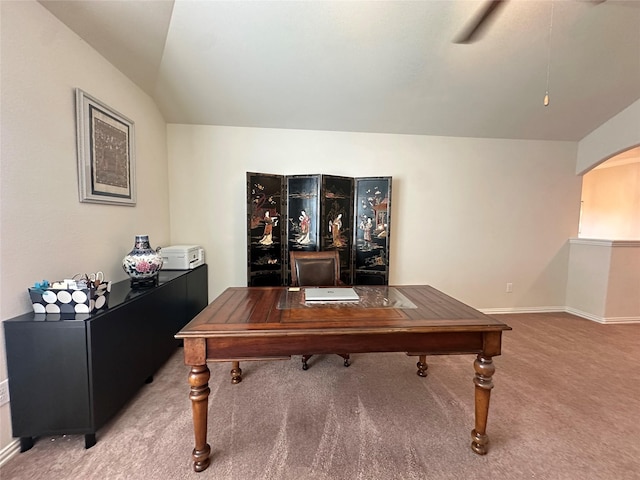 6818 Pear Point Ln, Richmond, TX 77469 - home office featuring light colored carpet, arched walkways, and lofted ceiling