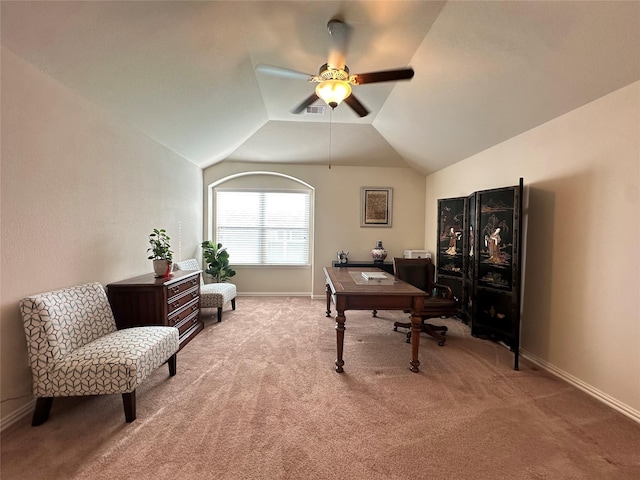 6818 Pear Point Ln, Richmond, TX 77469 - office featuring carpet floors, ceiling fan, and vaulted ceiling