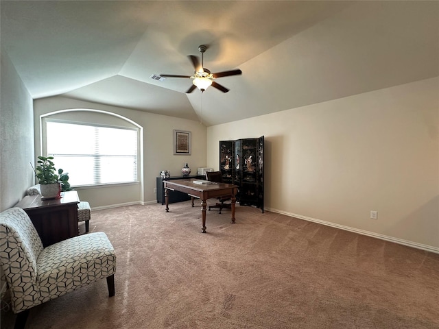6818 Pear Point Ln, Richmond, TX 77469 - office area with a ceiling fan, carpet, and vaulted ceiling