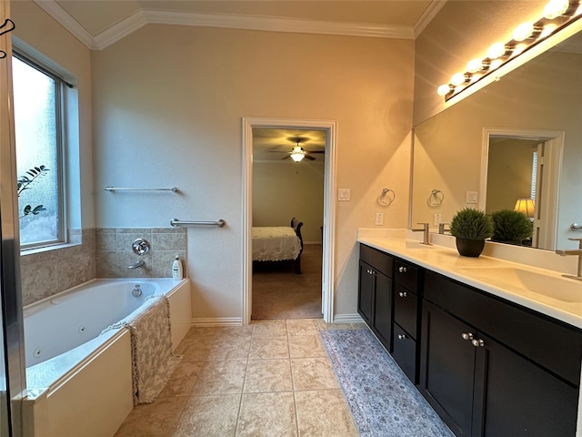 6818 Pear Point Ln, Richmond, TX 77469 - full bath with connected bathroom, double vanity, crown molding, a jetted tub, and tile patterned flooring