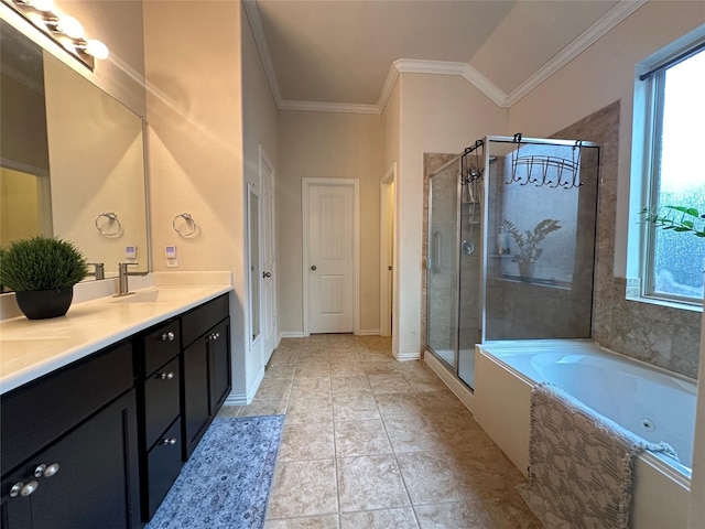 6818 Pear Point Ln, Richmond, TX 77469 - full bathroom with a shower stall, a whirlpool tub, double vanity, crown molding, and tile patterned flooring