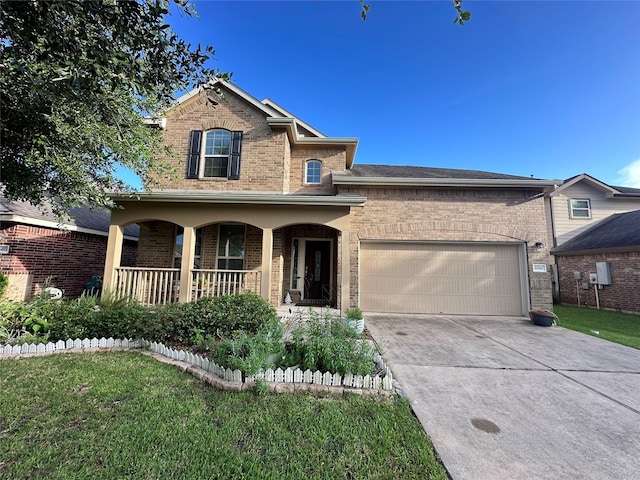 6818 Pear Point Ln, Richmond, TX 77469 - traditional home featuring brick siding, a porch, driveway, an attached garage, and a front yard
