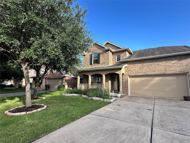 6818 Pear Point Ln, Richmond, TX 77469 - traditional-style home featuring a porch, brick siding, a front yard, driveway, and a garage