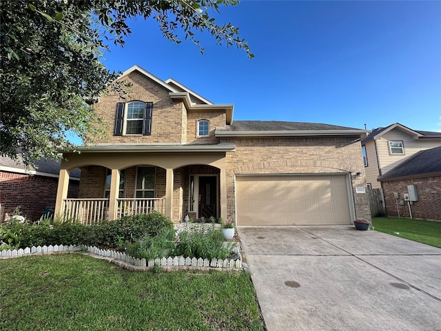 6818 Pear Point Ln, Richmond, TX 77469 - view of front facade with brick siding, covered porch, driveway, an attached garage, and a front yard