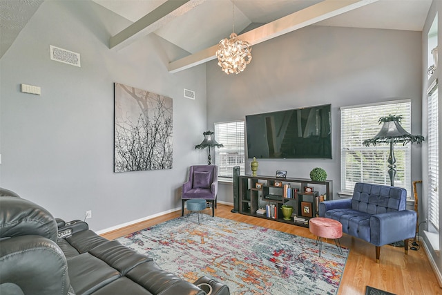 7806 Burgess Rd, Hitchcock, TX 77563 - living room featuring wood finished floors, high vaulted ceiling, a chandelier, and beamed ceiling