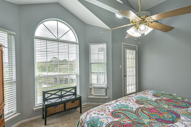 7806 Burgess Rd, Hitchcock, TX 77563 - bedroom featuring carpet floors, vaulted ceiling, and a ceiling fan