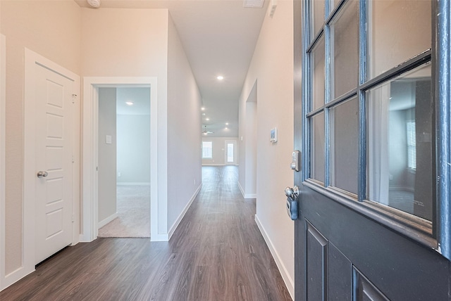 21830 Hickory Springs Ct, New Caney, TX 77357 - hall featuring dark wood-style flooring and recessed lighting
