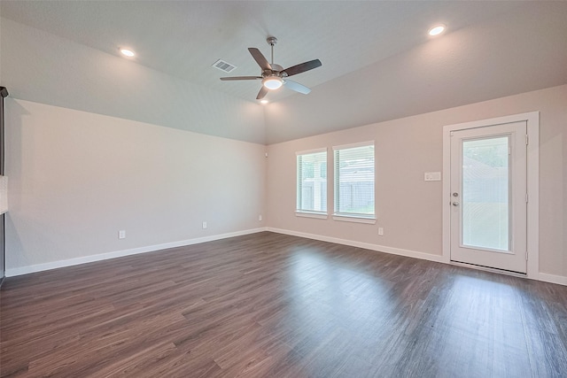21830 Hickory Springs Ct, New Caney, TX 77357 - empty room featuring ceiling fan, dark wood finished floors, and vaulted ceiling