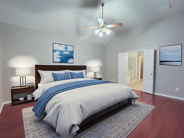 3511 Glenhill Dr, Pearland, TX 77584 - bedroom featuring wood finished floors, lofted ceiling, ensuite bathroom, and ceiling fan