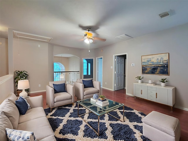 3511 Glenhill Dr, Pearland, TX 77584 - living room featuring attic access, dark wood finished floors, and ceiling fan
