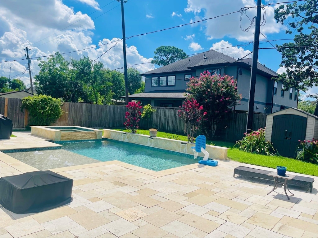 1511 Thornton Rd, Houston, TX 77018 - view of pool with a shed, a patio, and a fenced backyard