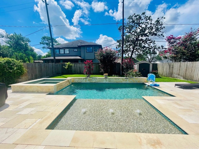 1511 Thornton Rd, Houston, TX 77018 - view of pool featuring a storage unit, a fenced backyard, a patio area, and a pool with connected hot tub