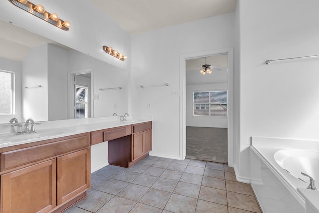 3502 Avalon Spring Ln, Spring, TX 77386 - bathroom with double vanity, a garden tub, tile patterned flooring, and ceiling fan